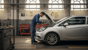 Technician inspecting car in busy service centre