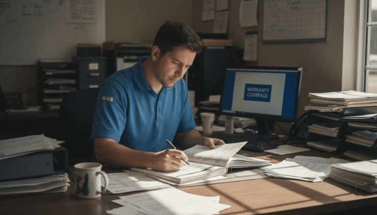 Service advisor reviewing car warranty paperwork