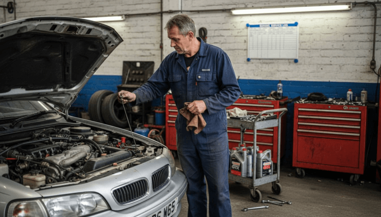 Mechanic checking car oil in busy garage