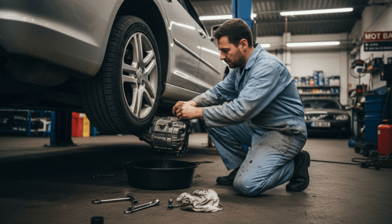 Mechanic changing gearbox oil under sedan