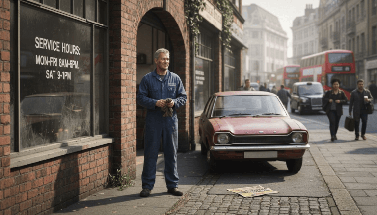 Mechanic outside car repair shop entrance