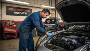 Механик использует машину для очистки карбона на двигателе автомобиля