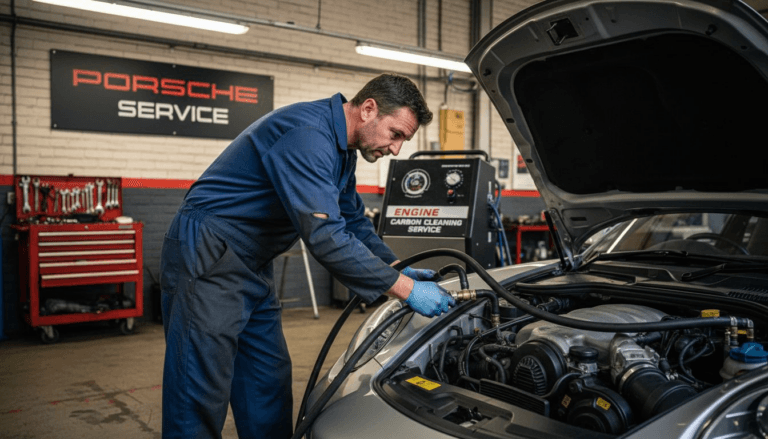 Mechanic using carbon cleaning machine on car engine