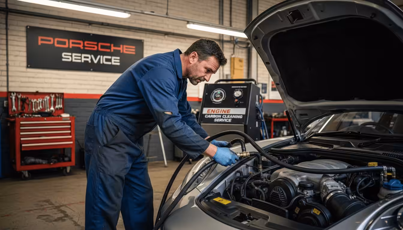 Mechanic using carbon cleaning machine on car engine