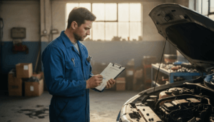 Mechanic marking gearbox checklist at repair shop
