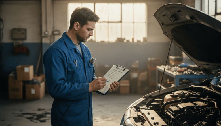 Mechanic marking gearbox checklist at repair shop