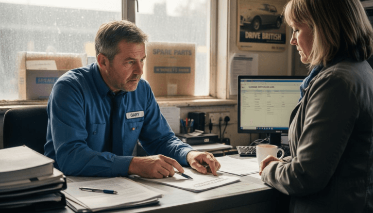 Service advisor reviews car warranty paperwork