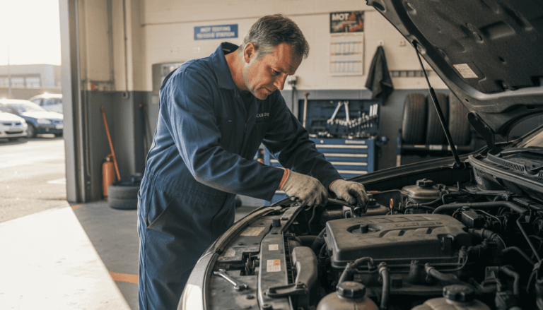 Mechanic performing car engine tune-up