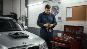 Technician reviewing engine carbon cleaning workflow