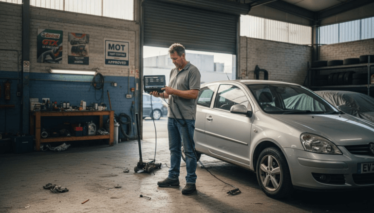 Technician using diagnostic tool in garage